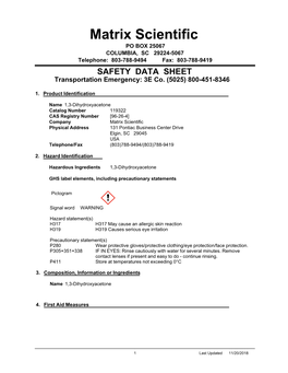 Matrix Scientific PO BOX 25067 COLUMBIA, SC 29224-5067 Telephone: 803-788-9494 Fax: 803-788-9419 SAFETY DATA SHEET Transportation Emergency: 3E Co