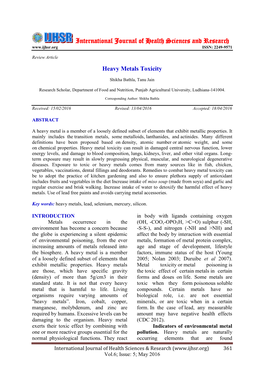 Heavy Metals Toxicity. Int J Health Sci Res