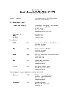 Ramiro Isaza, DVM, MS, MPH, DACZM (Updated October 29, 2013)