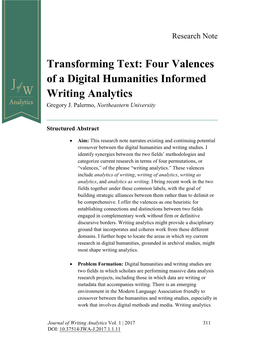 Four Valences of a Digital Humanities Informed Writing Analytics Gregory J
