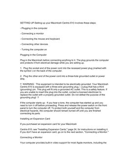 SETTING UP-Setting up Your Macintosh Centris 610 Involves These Steps
