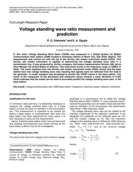 Voltage Standing Wave Ratio Measurement and Prediction