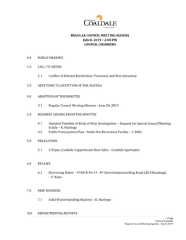 REGULAR COUNCIL MEETING AGENDA July 8, 2019 – 2:00 PM COUNCIL CHAMBERS