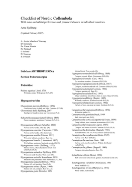 Checklist of Nordic Collembola with Notes on Habitat Preferences and Presence/Absence in Individual Countries