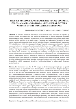 TROUBLE-MAKING BROWN BEAR URSUS ARCTOS LINNAEUS, 1758 (MAMMALIA: CARNIVORA) – Behavioral PATTERN ANALYSIS of the SPECIALIZED INDIVIDUALS