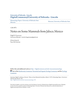 Notes on Some Mammals from Jalisco, Mexico Hugh H