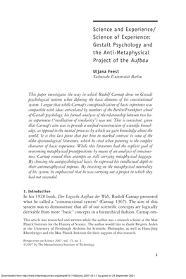 Gestalt Psychology and the Anti-Metaphysical Project of the Aufbau