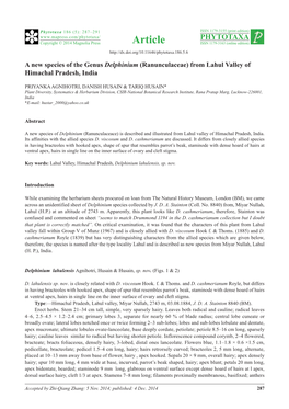 A New Species of the Genus Delphinium (Ranunculaceae) from Lahul Valley of Himachal Pradesh, India