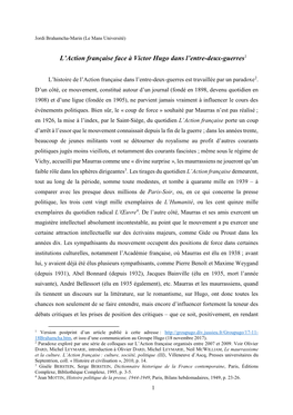 L'action Française Face À Victor Hugo Dans L'entre-Deux-Guerres1