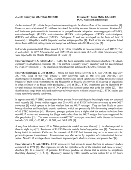 E. Coli: Serotypes Other Than O157:H7 Prepared by Zuber Mulla, BA, MSPH DOH, Regional Epidemiologist