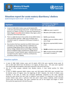 Cholera Epidemiological Week 15 (10 – 16 April 2017)