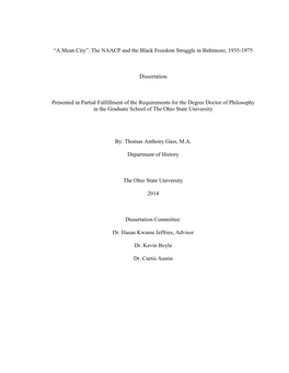 The NAACP and the Black Freedom Struggle in Baltimore, 1935-1975 Dissertation Presented in Partial Fulfillm