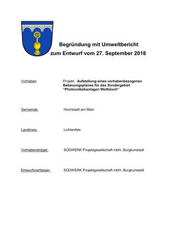 Begründung Mit Umweltbericht Zum Entwurf Vom 27. September 2018