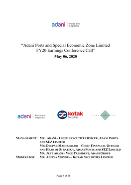 “Adani Ports and Special Economic Zone Limited FY20 Earnings Conference Call” May 06, 2020