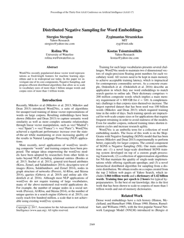 Distributed Negative Sampling for Word Embeddings Stergios Stergiou Zygimantas Straznickas Yahoo Research MIT Stergios@Yahoo-Inc.Com Zygi@Mit.Edu