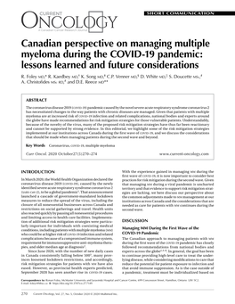Canadian Perspective on Managing Multiple Myeloma During the COVID-19 Pandemic: Lessons Learned and Future Considerations