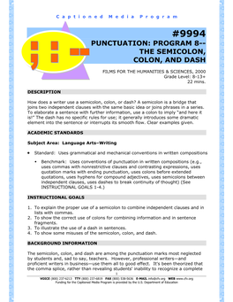 Punctuation: Program 8-- the Semicolon, Colon, and Dash