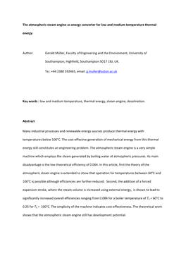 The Atmospheric Steam Engine As Energy Converter for Low and Medium Temperature Thermal Energy