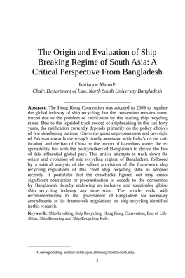 The Origin and Evaluation of Ship Breaking Regime of South Asia: a Critical Perspective from Bangladesh