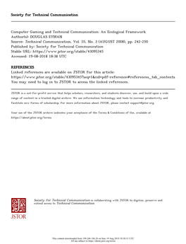 Computer Gaming and Technical Communication: an Ecological Framework Author(S): DOUGLAS EYMAN Source: Technical Communication, Vol