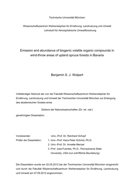 Emission and Abundance of Biogenic Volatile Organic Compounds in Wind-Throw Areas of Upland Spruce Forests in Bavaria Benjamin S