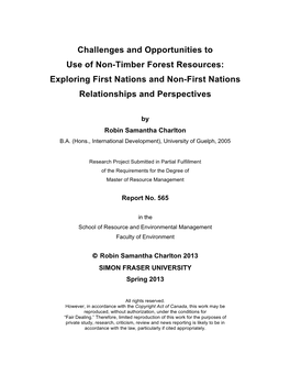 Challenges and Opportunities to Use of Non-Timber Forest Resources: Exploring First Nations and Non-First Nations Relationships and Perspectives