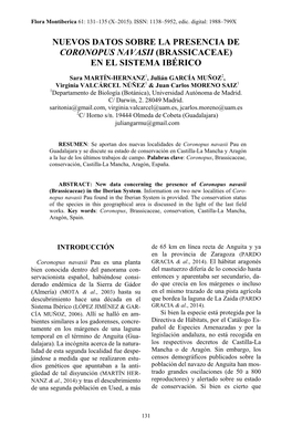 Nuevos Datos Sobre La Presencia De Coronopus Navasii (Brassicaceae) En El Sistema Ibérico