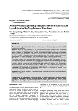 Allicin Protects Against Lipopolysaccharide-Induced Acute Lung Injury by Up-Regulation of Claudin-4