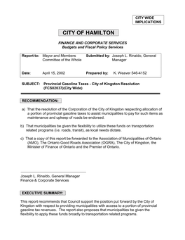 Provincial Gasoline Taxes - City of Kingston Resolution (FCS02037)(City Wide)