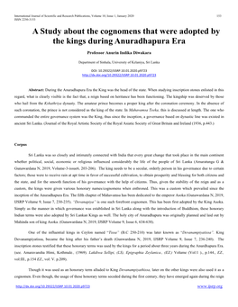 A Study About the Cognomens That Were Adopted by the Kings During Anuradhapura Era