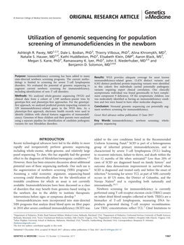 Utilization of Genomic Sequencing for Population Screening of Immunodeficiencies in the Newborn