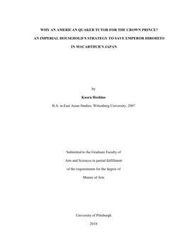 Why an American Quaker Tutor for the Crown Prince? an Imperial Household's Strategy to Save Emperor Hirohito in Macarthur's