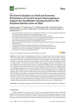 On-Farm Evaluation on Yield and Economic Performance of Cereal-Cowpea Intercropping to Support the Smallholder Farming System in the Soudano-Sahelian Zone of Mali