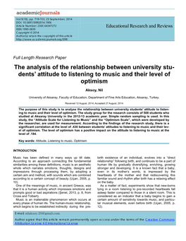 The Analysis of the Relationship Between University Stu- Dents' Attitude to Listening to Music and Their Level of Optimism