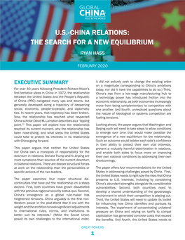 U.S.-China Relations: the Search for a New Equilibrium Ryan Hass