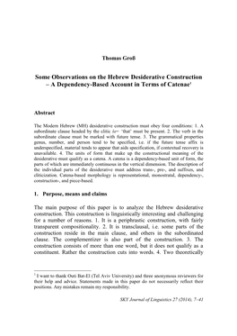 Some Observations on the Hebrew Desiderative Construction – a Dependency-Based Account in Terms of Catenae1