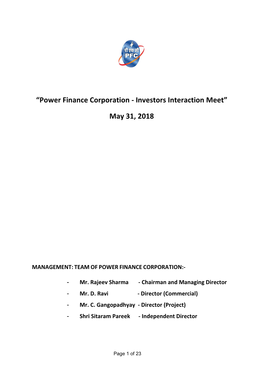 “Power Finance Corporation - Investors Interaction Meet”