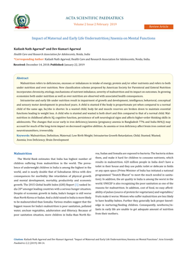 Impact of Maternal and Early Life Undernutrition/Anemia on Mental Functions