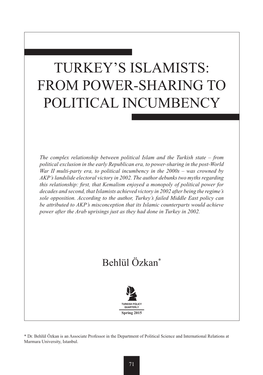 Turkey's Islamists: from Power-Sharing to Political