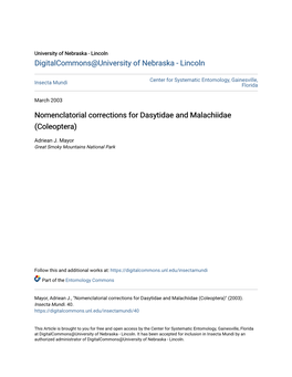 Nomenclatorial Corrections for Dasytidae and Malachiidae (Coleoptera)