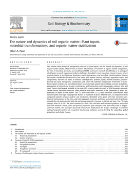 The Nature and Dynamics of Soil Organic Matter: Plant Inputs, Microbial Transformations, and Organic Matter Stabilization