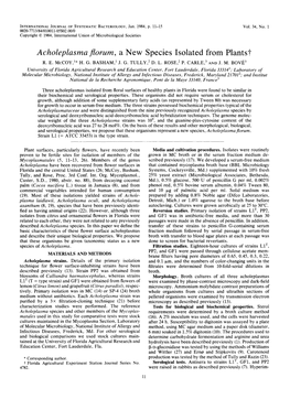 Acholeplasma Florum, a New Species Isolated from Plants? R