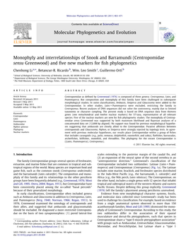 Monophyly and Interrelationships of Snook and Barramundi (Centropomidae Sensu Greenwood) and ﬁve New Markers for ﬁsh Phylogenetics ⇑ Chenhong Li A, , Betancur-R