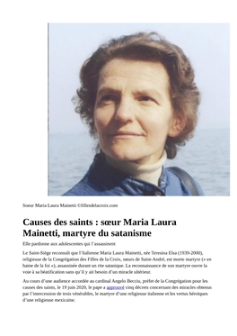Causes Des Saints : Sœur Maria Laura Mainetti, Martyre Du Satanisme