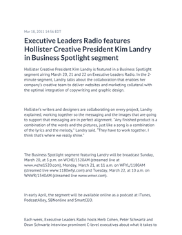 Executive Leaders Radio Features Hollister Creative President Kim Landry in Business Spotlight Segment