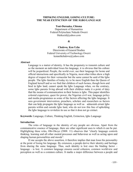 THE NEAR EXTINCTION of the IGBO LANGUAGE Toni-Duruaku