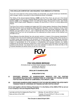 FGV Holdings Berhad (Formerly Known As Felda Global Ventures Holdings Berhad) (“FGV” Or the “Company”) Thereof