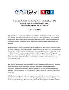 Corporation for Public Broadcasting Station Activities Survey (SAS) Section 6: Local Content and Services Report for the Period Covering 7/1/18 – 6/30/19