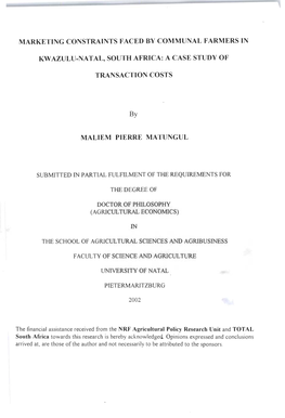 Marketing Constraints Faced by Communal Farmers in Kw Azulu-Na Tal, South Africa: a Case Study of Transaction Costs Maliem Pierr