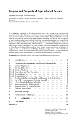 Progress and Prospects of Ergot Alkaloid Research